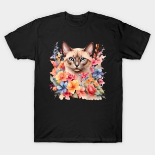 A tonkinese cat decorated with beautiful watercolor flowers T-Shirt